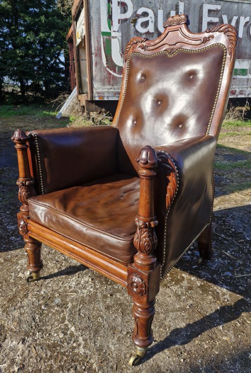 REGENCY MAHOGANY LEATHER UPHOLSTERED LIBRARY ARMCHAIR - ADDITIONAL PHOTO 6