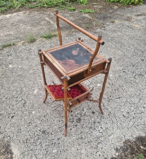 VICTORIAN TIGER BAMBOO AND LACQUERED 2 TIER SEWING TABLE - ADDITIONAL PHOTO 3