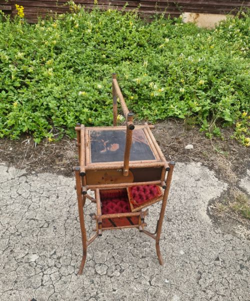 VICTORIAN TIGER BAMBOO AND LACQUERED 2 TIER SEWING TABLE - ADDITIONAL PHOTO 9