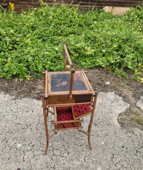 VICTORIAN TIGER BAMBOO AND LACQUERED 2 TIER SEWING TABLE - ADDITIONAL PHOTO 10