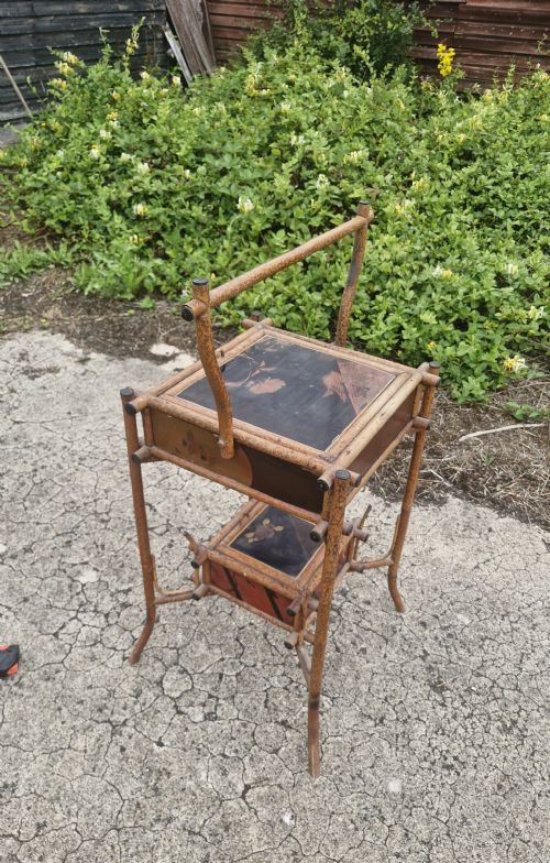 VICTORIAN TIGER BAMBOO AND LACQUERED 2 TIER SEWING TABLE - ADDITIONAL PHOTO 11