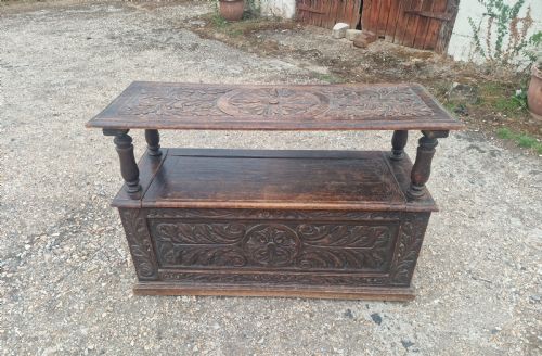 LATE VICTORIAN CARVED OAK MONKS HALL SEAT - ADDITIONAL PHOTO 1