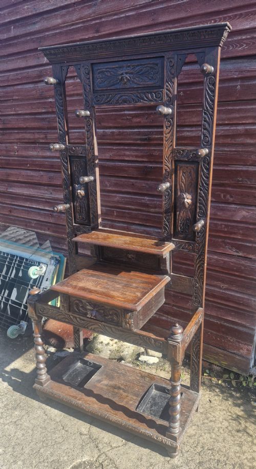 VICTORIAN CARVED OAK GREENMAN HALL STAND - ADDITIONAL PHOTO 4