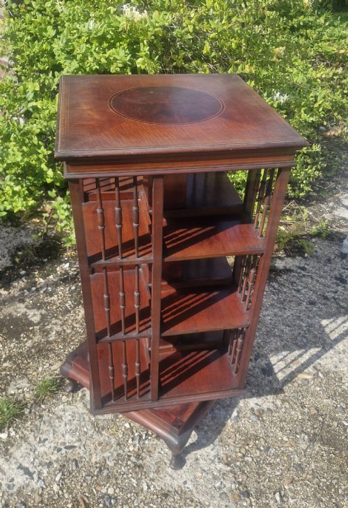 Edwardian Inlaid Mahogany Revolving Bookcase with Makers Stamp.