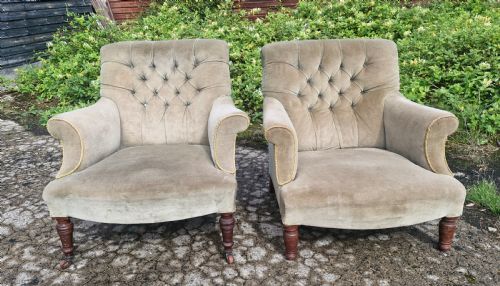 Matched Pair of Button Back  Upholstered Armchairs.
