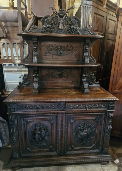 19th Century Carved Oak Hunting Side Cabinet