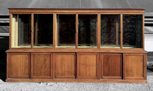 Very Large Mahogany Mirror Backed Shop or Chemist Cabinet  - Glass Shelves to Top.