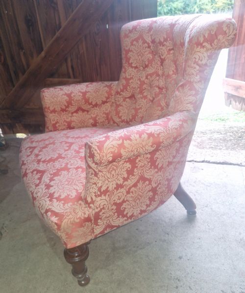 Late Victorian Woodstock Style Upholstered Armchair with Broad Seat.
