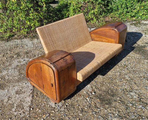 Very Unusual Teak and Cane Anglo Indian Art Deco Sofa.