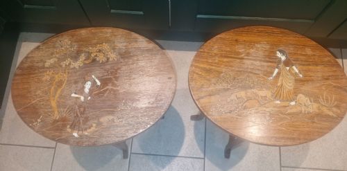 Pair of Anglo Indian Bone and Wood Inlaid Occasional Tables