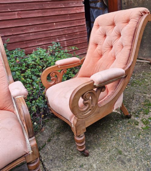 PAIR OF VICTORIAN MAHOGANY UPHOLSTERED LIBRARY ARMCHAIRS - ADDITIONAL PHOTO 4