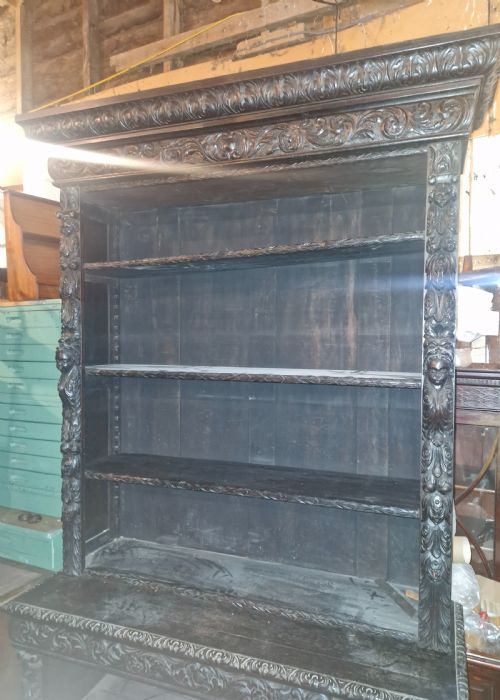 USEFUL AND TALL CARVED OAK OPEN FRONT BOOKCASE - ADDITIONAL PHOTO 1