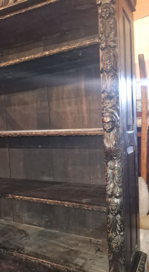 USEFUL AND TALL CARVED OAK OPEN FRONT BOOKCASE - ADDITIONAL PHOTO 4