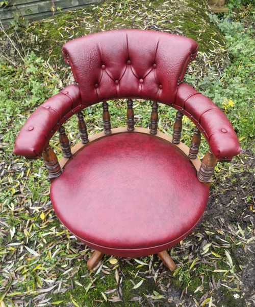 LATE VICTORIAN OAK UPHOLSTERED REVOLVING DESK ARMCHAIR - ADDITIONAL PHOTO 7