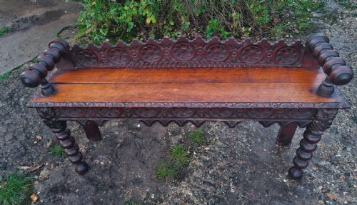 VICTORIAN CARVED OAK HALL SEAT BENCH - ADDITIONAL PHOTO 2