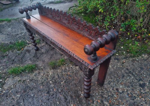 VICTORIAN CARVED OAK HALL SEAT BENCH - ADDITIONAL PHOTO 3
