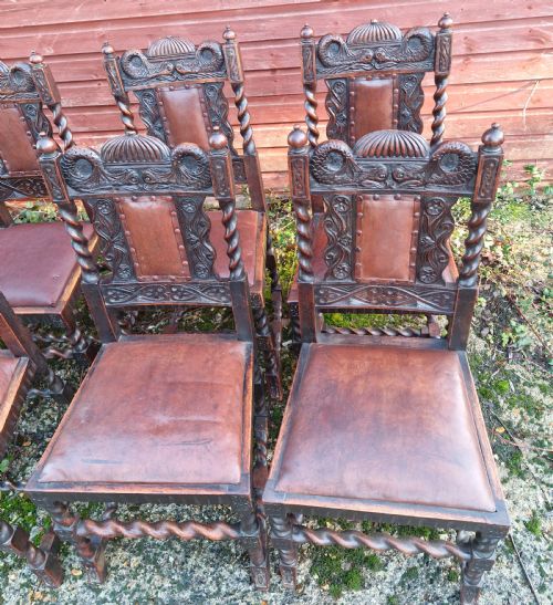 GOOD SET OF EDWARDIAN CARVED OAK DINING CHAIRS WITH CARVED DOLPHINS - ADDITIONAL PHOTO 1