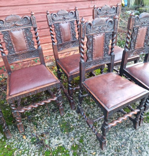 GOOD SET OF EDWARDIAN CARVED OAK DINING CHAIRS WITH CARVED DOLPHINS - ADDITIONAL PHOTO 2