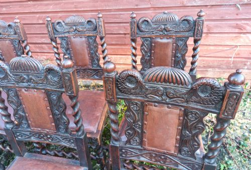 GOOD SET OF EDWARDIAN CARVED OAK DINING CHAIRS WITH CARVED DOLPHINS - ADDITIONAL PHOTO 4