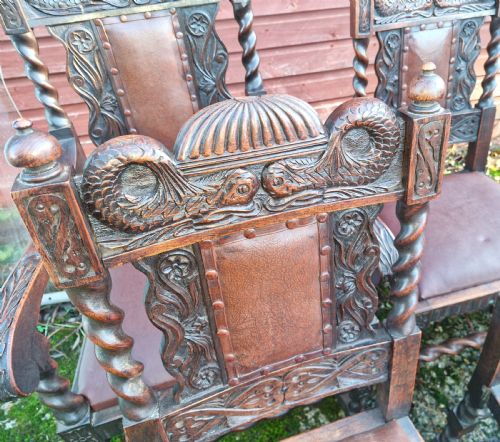 GOOD SET OF EDWARDIAN CARVED OAK DINING CHAIRS WITH CARVED DOLPHINS - ADDITIONAL PHOTO 5