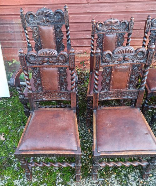 GOOD SET OF EDWARDIAN CARVED OAK DINING CHAIRS WITH CARVED DOLPHINS - ADDITIONAL PHOTO 6