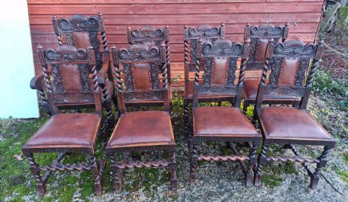 GOOD SET OF EDWARDIAN CARVED OAK DINING CHAIRS WITH CARVED DOLPHINS - ADDITIONAL PHOTO 7
