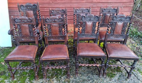 GOOD SET OF EDWARDIAN CARVED OAK DINING CHAIRS WITH CARVED DOLPHINS - ADDITIONAL PHOTO 8