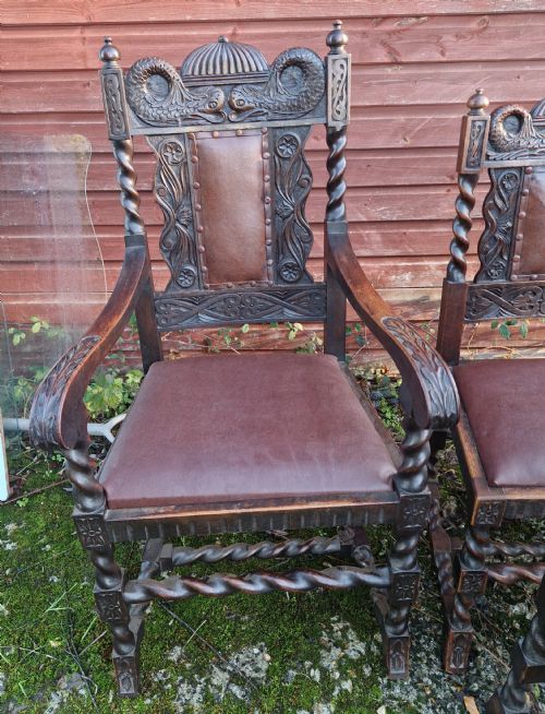 GOOD SET OF EDWARDIAN CARVED OAK DINING CHAIRS WITH CARVED DOLPHINS - ADDITIONAL PHOTO 9