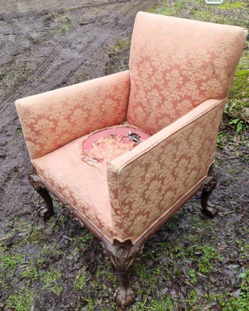 EDWARDIAN CARVED MAHOGANY FRAMED UPHOLSTERED ARMCHAIR - ADDITIONAL PHOTO 4