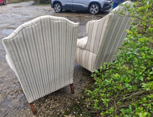 PAIR OF UPHOLSTERED WING BACK ARMCHAIRS ON BALL AND CLAW FEET - ADDITIONAL PHOTO 3