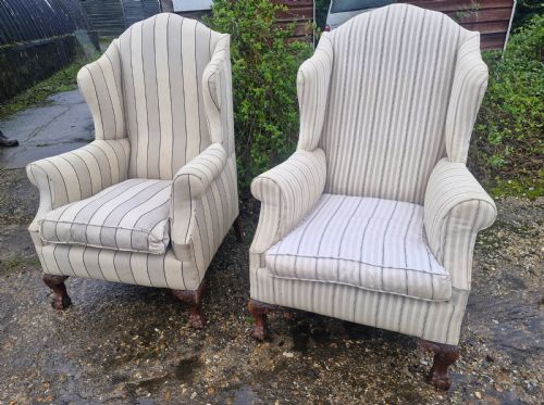 PAIR OF UPHOLSTERED WING BACK ARMCHAIRS ON BALL AND CLAW FEET - ADDITIONAL PHOTO 5
