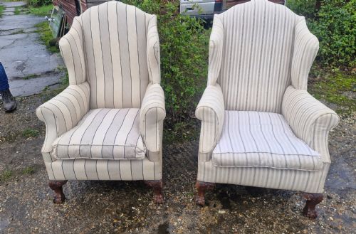 PAIR OF UPHOLSTERED WING BACK ARMCHAIRS ON BALL AND CLAW FEET - ADDITIONAL PHOTO 6