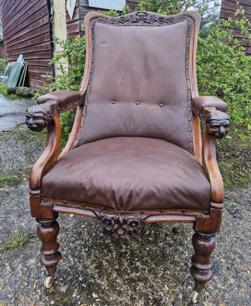 MID 19TH CENTURY CARVED MAHOGANY LIBRARY ARMCHAIR - ADDITIONAL PHOTO 7