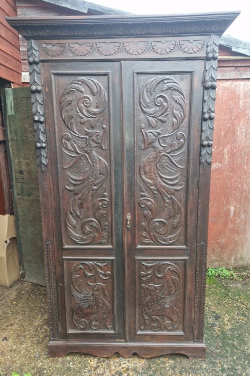 useful late victorian carved oak 2 door cupboard fitted shelves - CATEGORY: ANTIQUE CUPBOARDS - DATED 1900