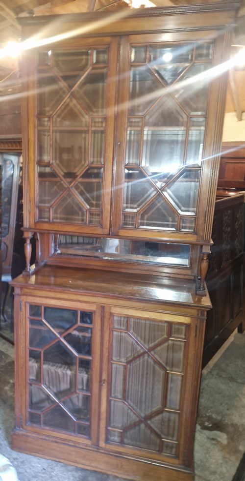 EDWARDIAN WALNUT 2 PART BOOKCASE CABINET ADJUSTABLE SHELVES - ADDITIONAL PHOTO 5