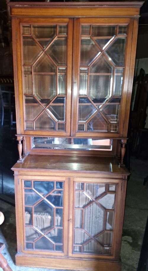 EDWARDIAN WALNUT 2 PART BOOKCASE CABINET ADJUSTABLE SHELVES - ADDITIONAL PHOTO 9