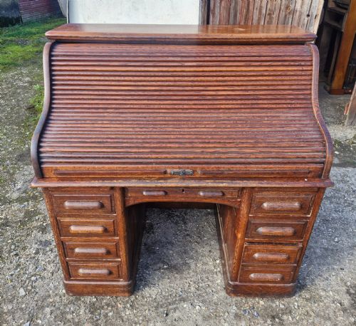PANELLED OAK TAMBOUR TOP ROLL TOP PEDESTAL DESK - ADDITIONAL PHOTO 8