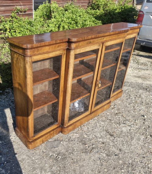 VICTORIAN BURR WALNUT AND INLAID 4 DOOR BREAKFRONT BOOKCASE CABINET - ADDITIONAL PHOTO 3