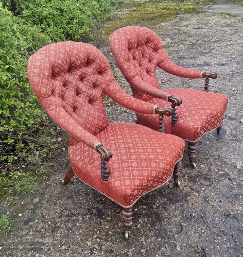 PAIR OF VICTORIAN BARLEY TWIST UPHOLSTERED ARMCHAIRS - ADDITIONAL PHOTO 1
