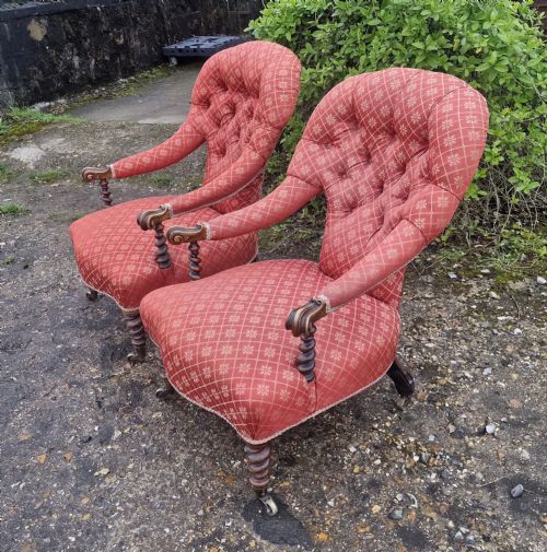 PAIR OF VICTORIAN BARLEY TWIST UPHOLSTERED ARMCHAIRS - ADDITIONAL PHOTO 4
