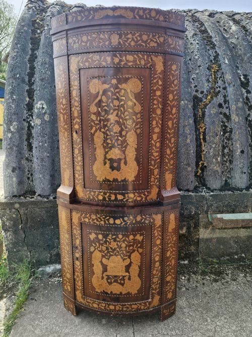 dutch marquetry double height bow front corner cupboard - CATEGORY: ANTIQUE CUPBOARDS - DATED 19TH CENTURY