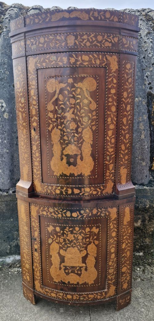 DUTCH MARQUETRY DOUBLE HEIGHT BOW FRONT CORNER CUPBOARD - ADDITIONAL PHOTO 1