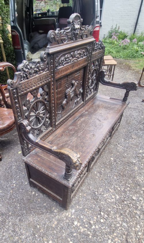 LATE 19TH CENTURY CARVED OAK HALL BENCH WITH LIFT UP SEAT - ADDITIONAL PHOTO 6