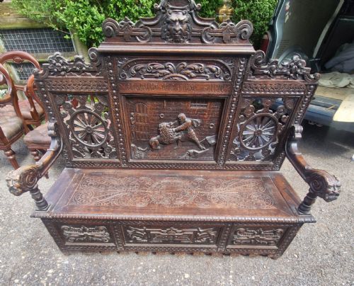 LATE 19TH CENTURY CARVED OAK HALL BENCH WITH LIFT UP SEAT - ADDITIONAL PHOTO 7