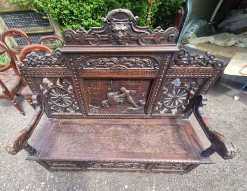 LATE 19TH CENTURY CARVED OAK HALL BENCH WITH LIFT UP SEAT - ADDITIONAL PHOTO 8