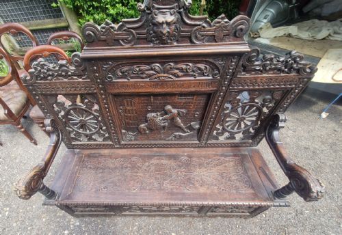 LATE 19TH CENTURY CARVED OAK HALL BENCH WITH LIFT UP SEAT - ADDITIONAL PHOTO 10