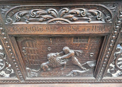 LATE 19TH CENTURY CARVED OAK HALL BENCH WITH LIFT UP SEAT - ADDITIONAL PHOTO 15