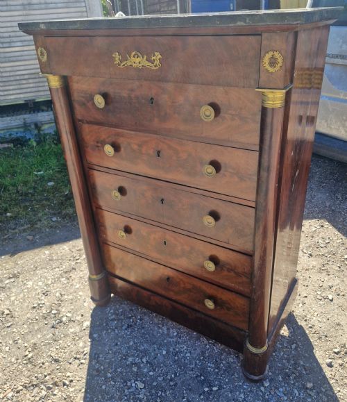 19TH CENTURY MARBLE TOP FRENCH MAHOGANY CHEST OF DRAWERS - ADDITIONAL PHOTO 4