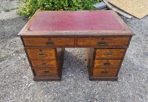 LATE VICTORIAN OAK CAMPAIGN KNEEHOLE PEDESTAL WRITING DESK