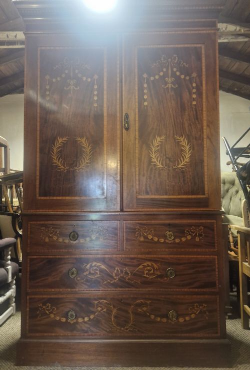 GOOD QUALITY EDWARDIAN INLAID MAHOGANY LINEN PRESS HOUSEKEEPERS CUPBOARD DRUCE CO - ADDITIONAL PHOTO 2